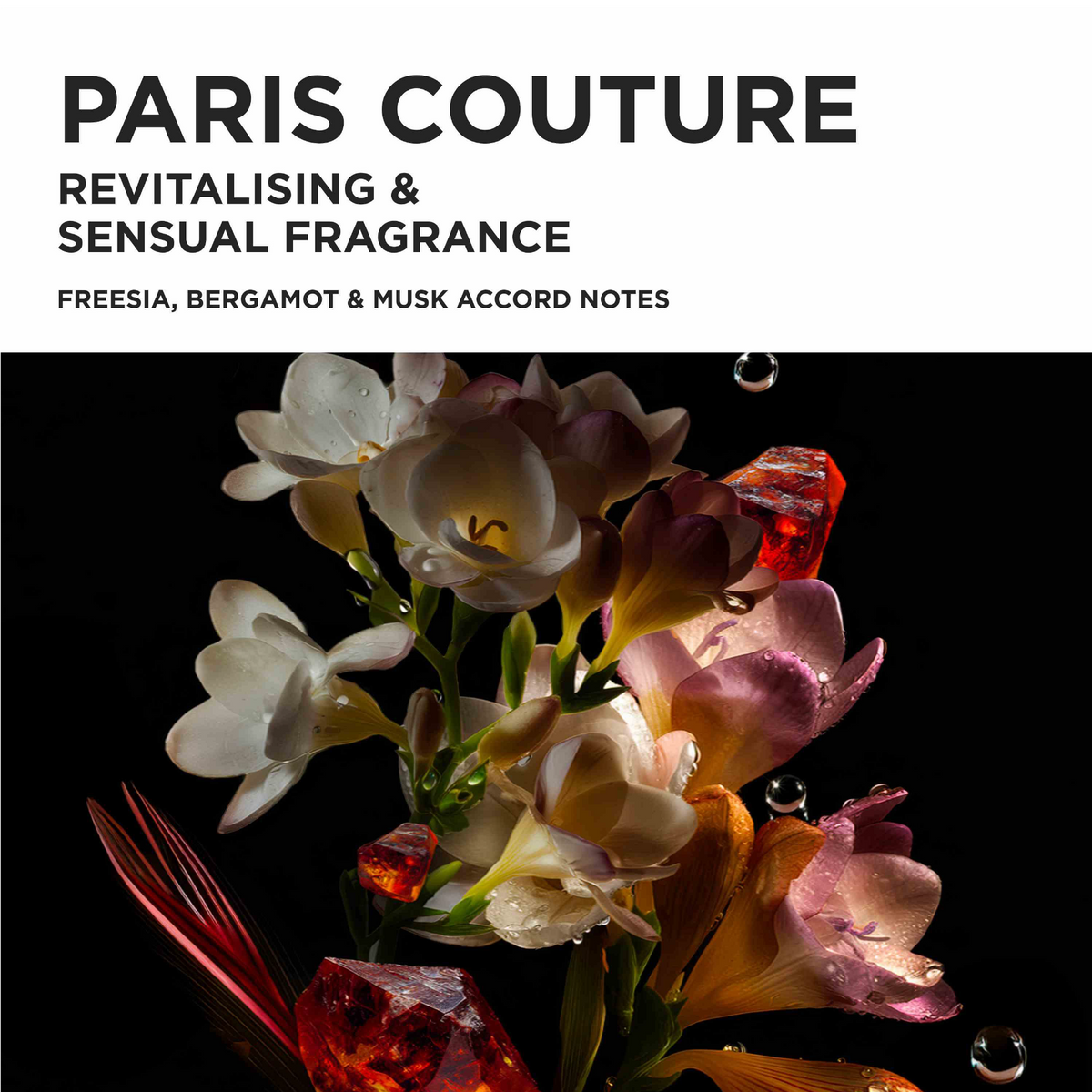 Advertisement for 'Paris Couture' fragrance with flowers and gemstones on a black background