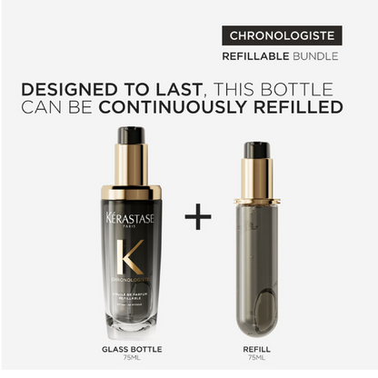 Kérastase Chronologiste refillable bundle promotional graphic showing a black glass bottle with gold pump on the left and a slim refill bottle on the right, with text reading 'Designed to last, this bottle can be continuously refilled' and 'Chronologiste Refillable Bundle.'.