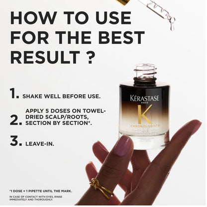 Kérastase Chronologiste Leave-In Conditioner bottle held by a hand with pink nails and a gold ring, alongside large text reading 'HOW TO USE FOR THE BEST RESULT?' and step-by-step application instructions.