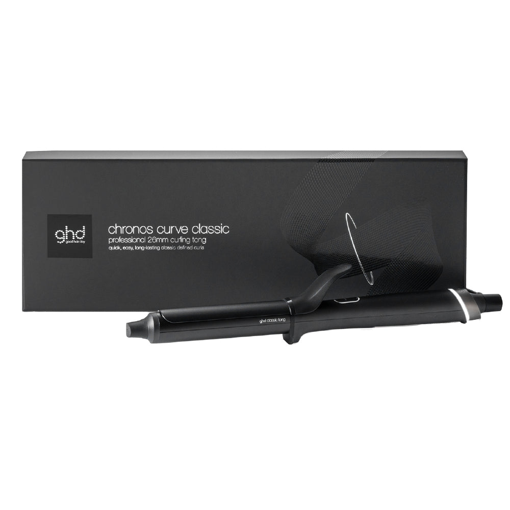 ghd curling iron with packaging on a white background