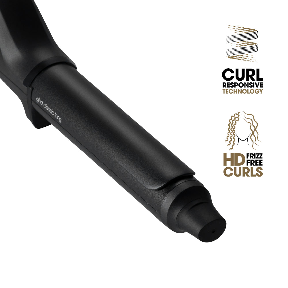 Black hair styling tool with 'GHD' branding on a white background