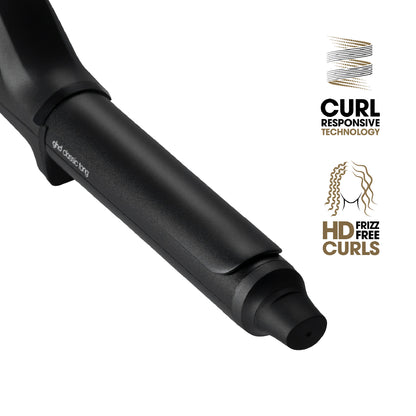 Black hair styling tool with 'GHD' branding on a white background