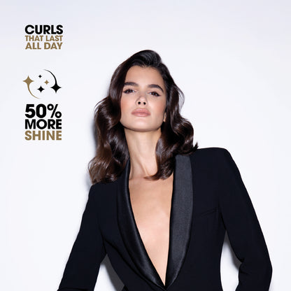 Woman with styled hair wearing a black outfit, with text about hair product benefits on a white background.