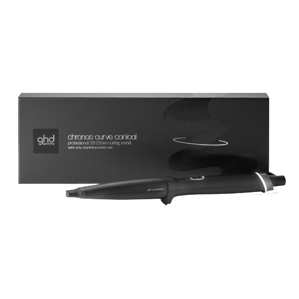 Black ghd curling wand with packaging on a white background