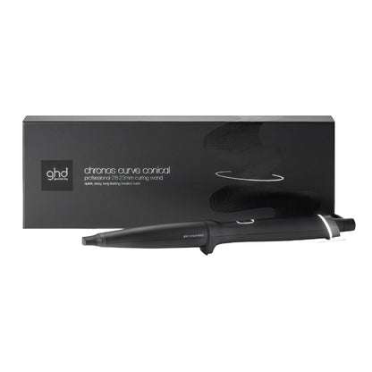 Black ghd curling wand with packaging on a white background