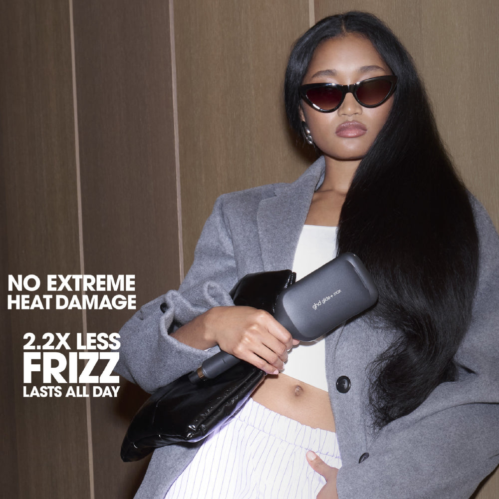 Woman holding a hair straightener with text about hair care benefits