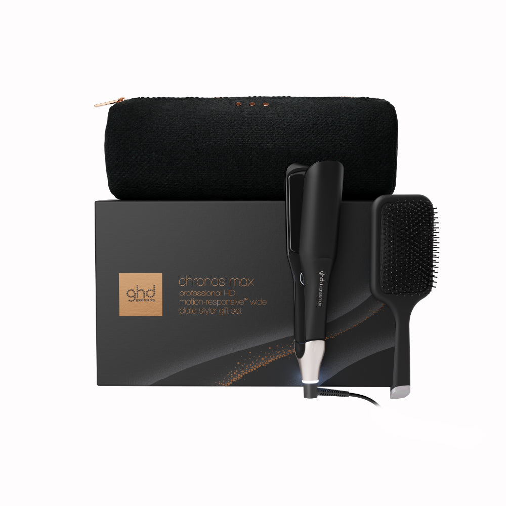 GHD CHRONOS MAX WIDE PLATE HAIR STRAIGHTENER GIFT SET IN BLACK