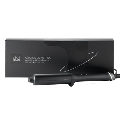 Black ghd curling wand with packaging on a white background