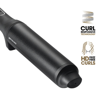 Black hair styling tool with 'Curl Responsive Technology' and 'HD Frizz Free Curls' features on a white background.