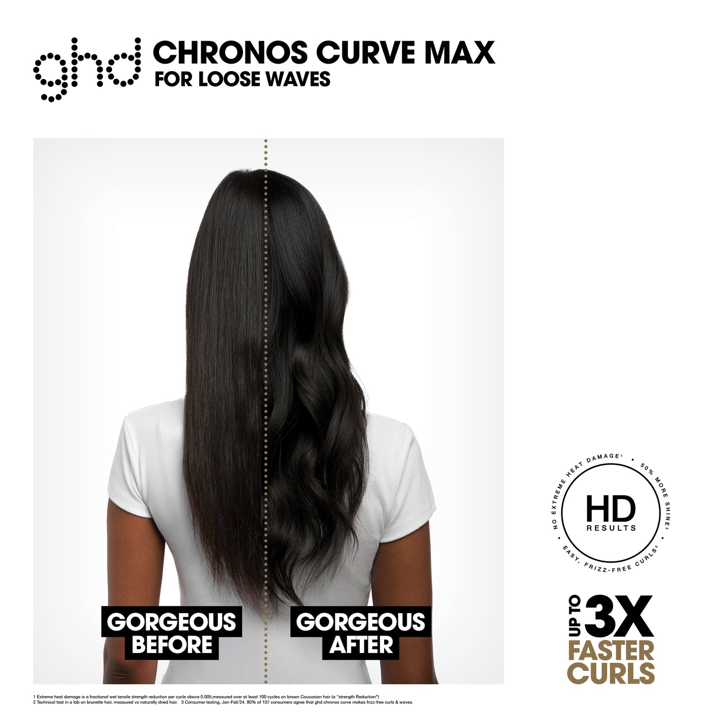 Advertisement for ghd Chronos Curve Max hair product showing before and after effects on hair.