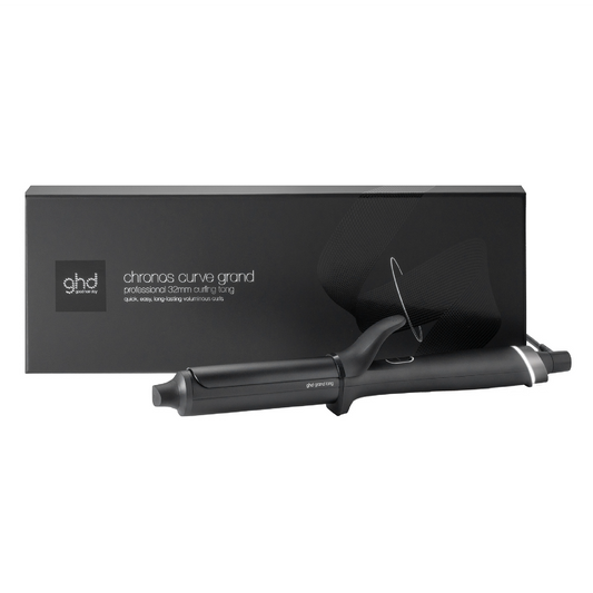 Black ghd curling iron with packaging on a white background