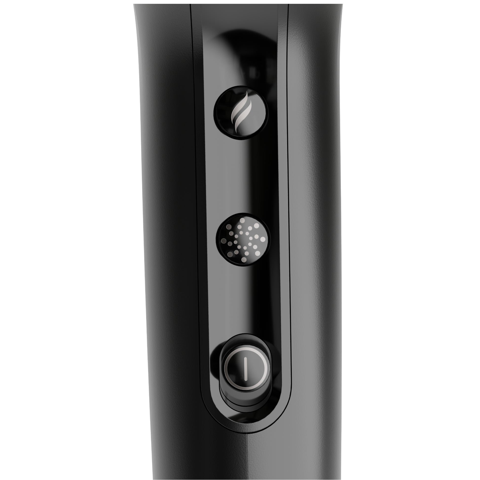 Close-up of a black electronic device with control buttons on a white background