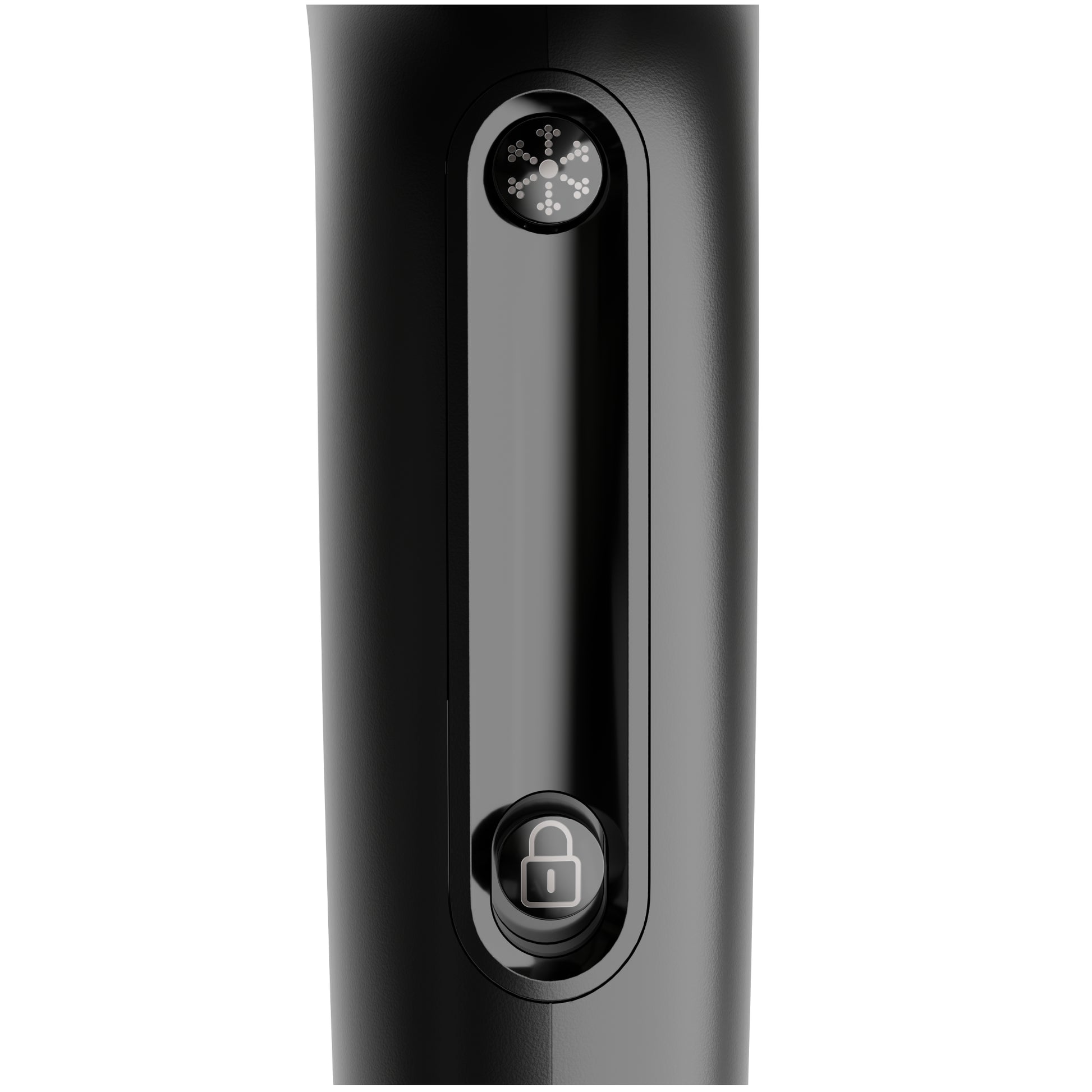 Close-up of a black electronic device with a lock symbol on a white background
