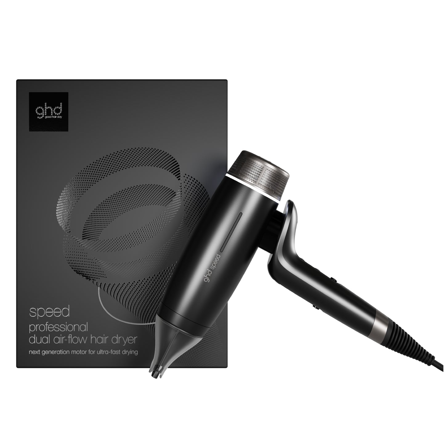 Black hair dryer with ghd logo next to its packaging on a white background