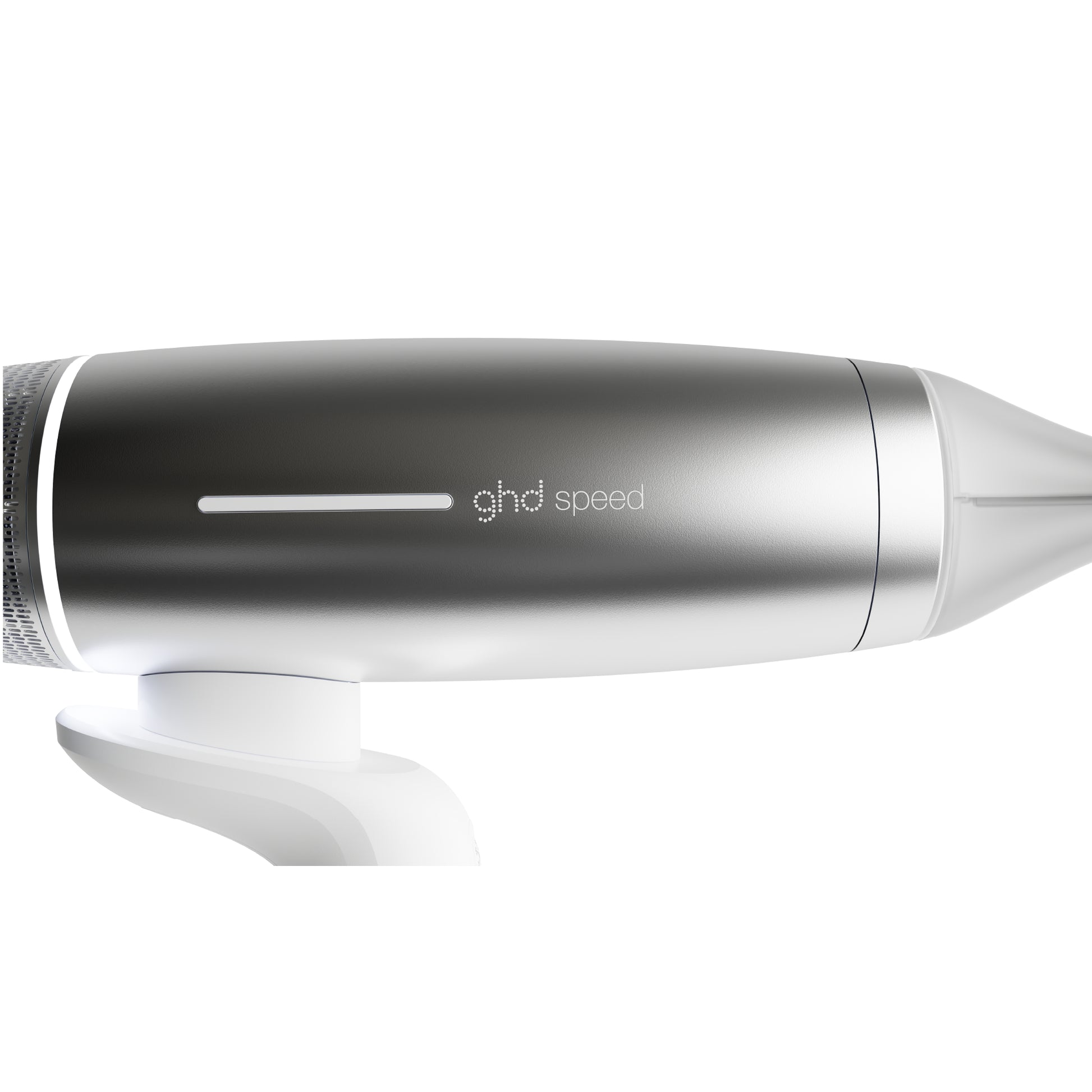 Silver and black ghd speed hair dryer on a white background