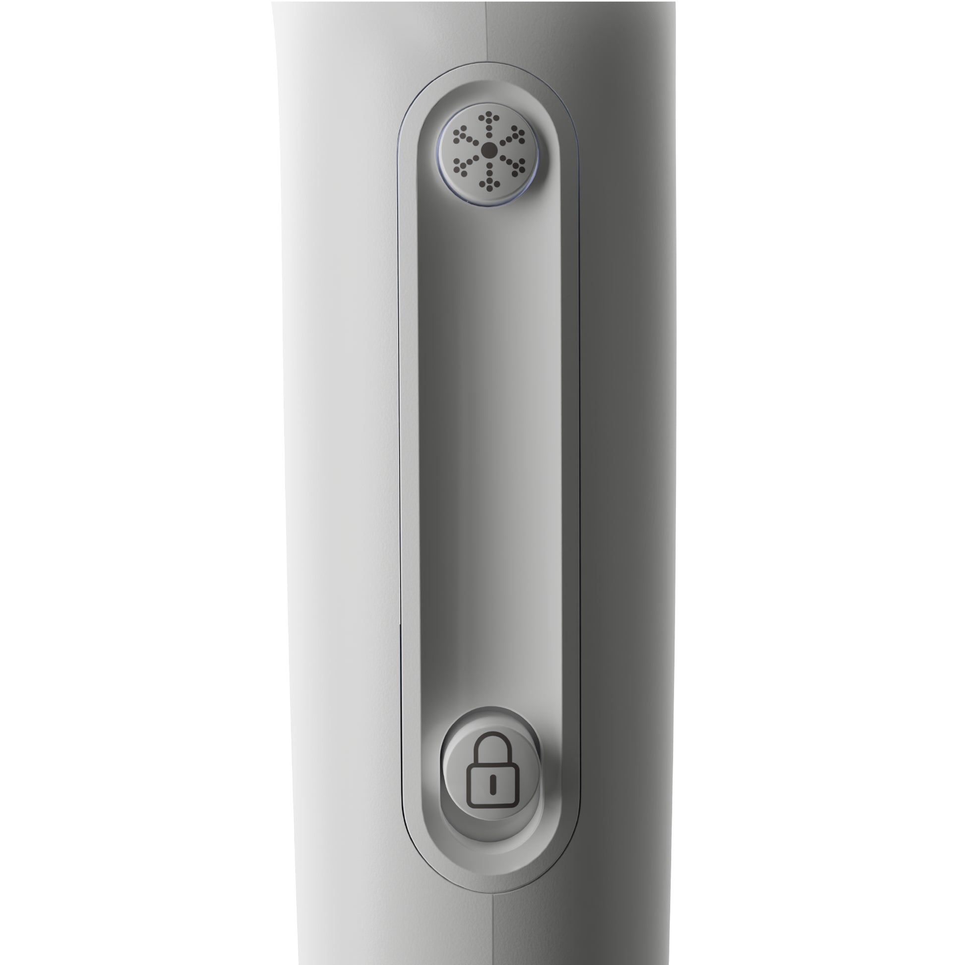 Close-up of a silver electronic device with a lock symbol on a white background