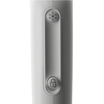 Close-up of a silver electronic device with a lock symbol on a white background